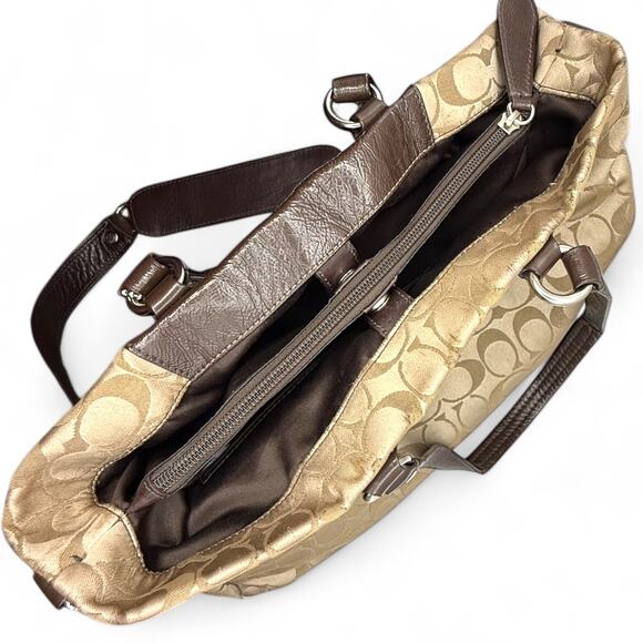 COACH F15510 Ashley Signature Sateen Carryall Khaki Gold Mahogany Leather Silver - Picture 8 of 16